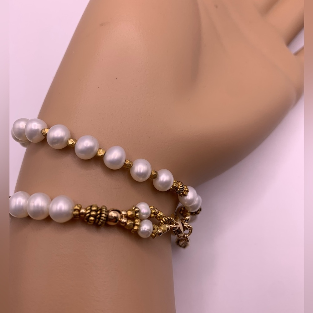 Turchin Hallmarked RARE Gold, Freshwater Pearl & Mother of Pearl Wrap Bracelet - Picture 14 of 15